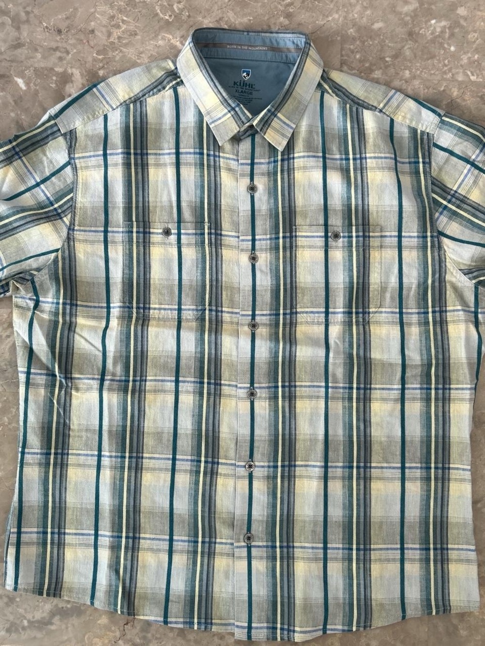 Kuhl Plaid Short Sleeve Shirt Men’s XL Cotton Linen Tapered Fit Outdoor